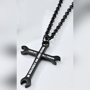 Mechanics wrench cross silver Or black necklace